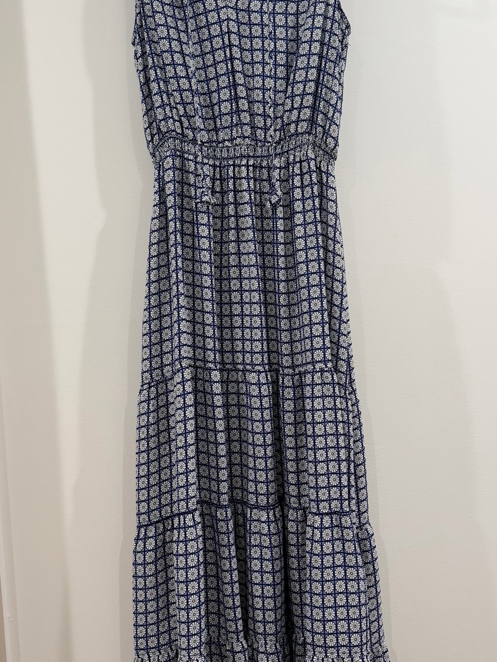 Max Studio Navy and White Printed Tiered Maxi Dress